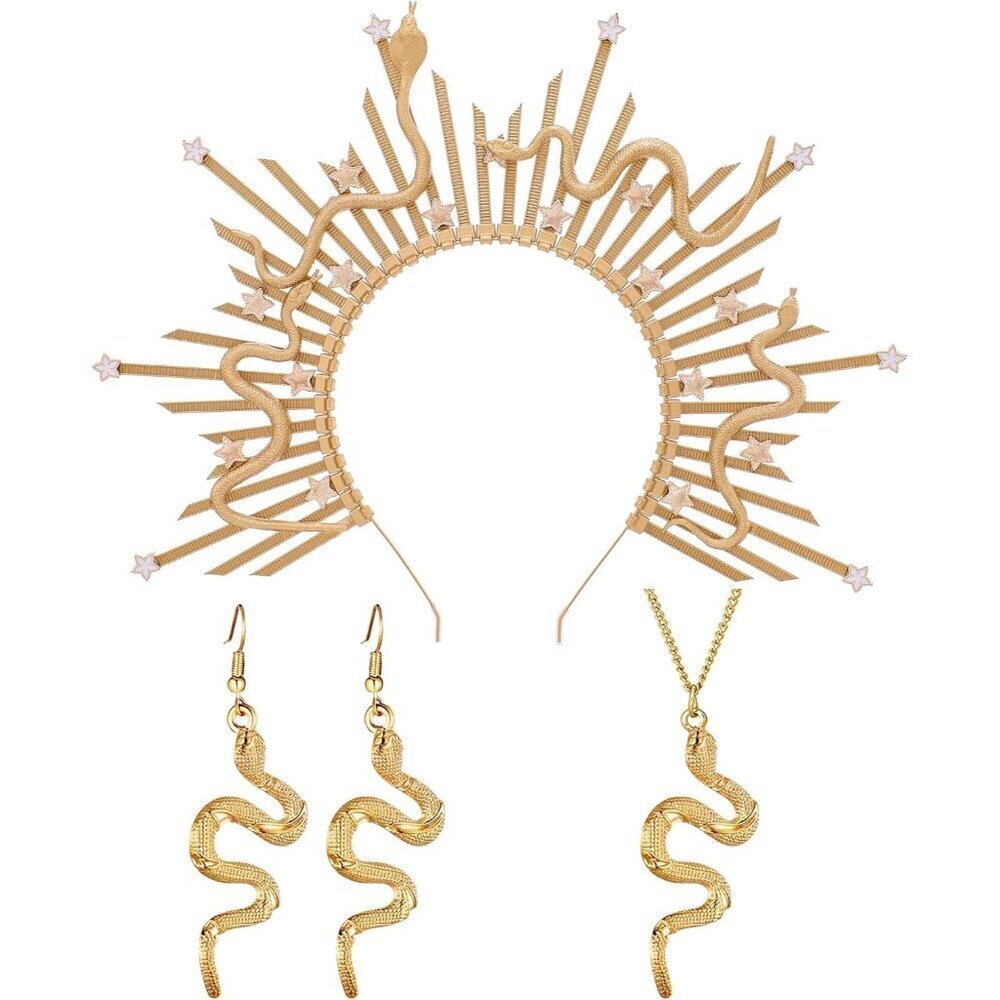 Medusa Costume Accessories Set 3 Pcs Gold Sunburst Crown Necklace Earrings Hallo